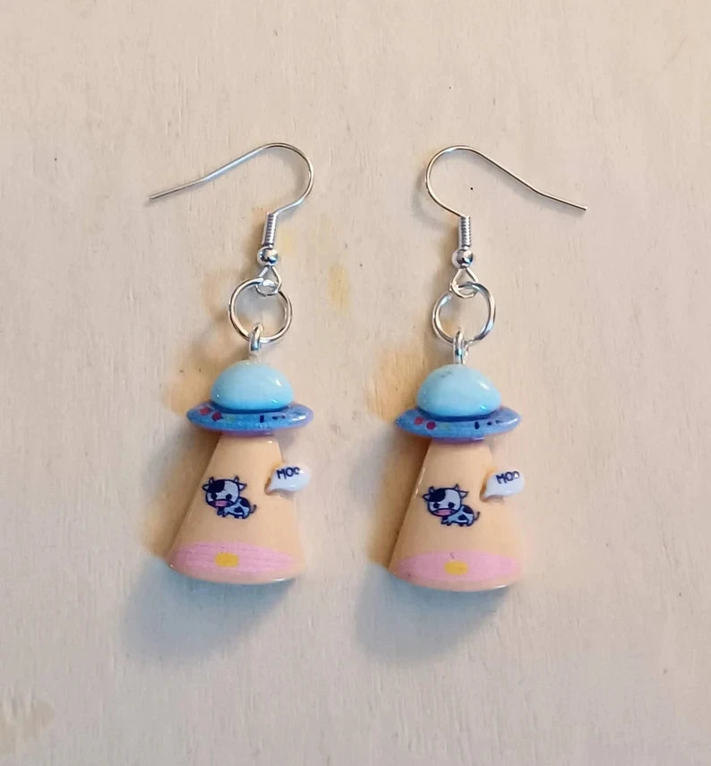 Cow Print UFO Dangling Drop Earrings