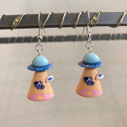 Cow Print UFO Dangling Drop Earrings