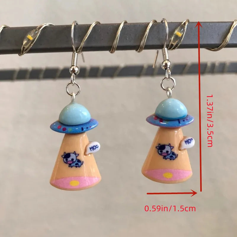 Cow Print UFO Dangling Drop Earrings